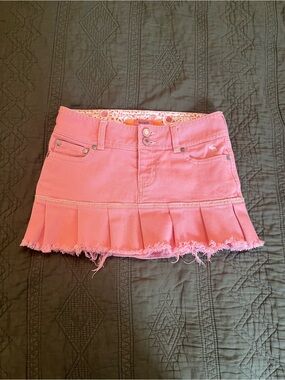 Abercrombie Pink Pleated Denim Mini Skirt Y2K Low Rise Frayed Hem Coquette